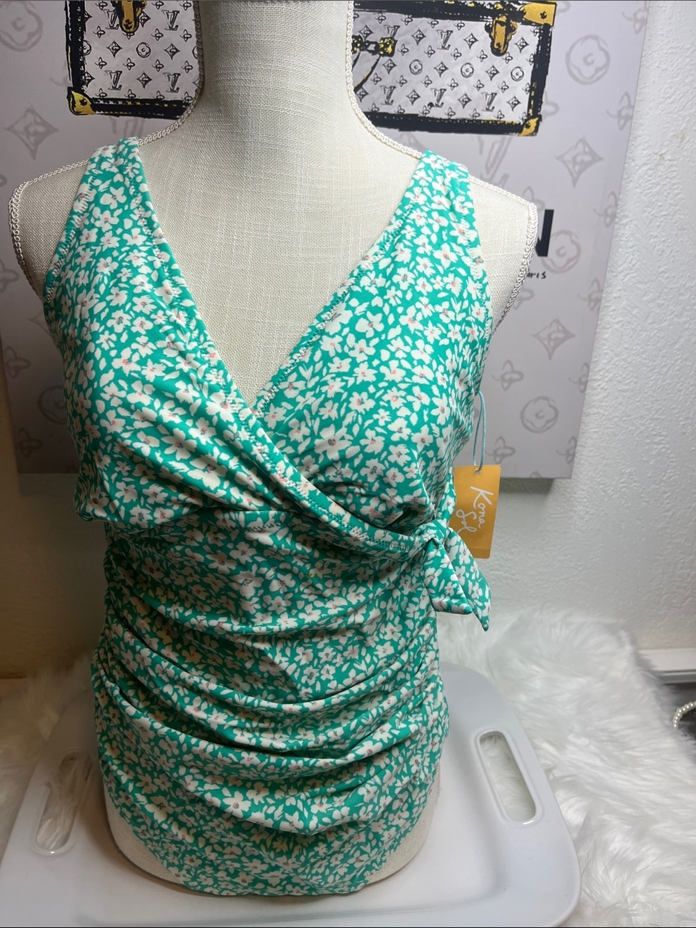 Kona Sol Teal & White Floral One-Piece Swimsuit